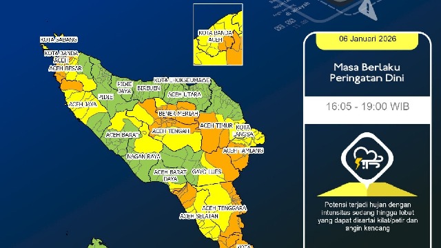 6 Januari 2026: Waspada! Berikut Sejumlah Wilayah di Aceh Berpotensi Terjadi Hujan Lebat